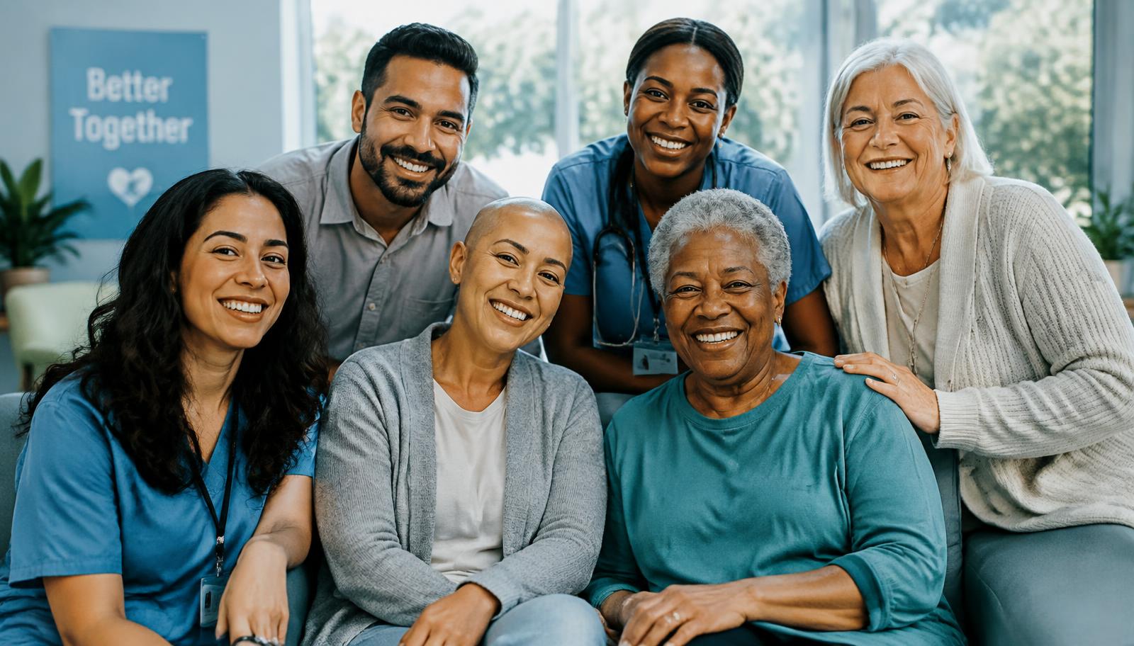 Patients, carers and nurses smiling together