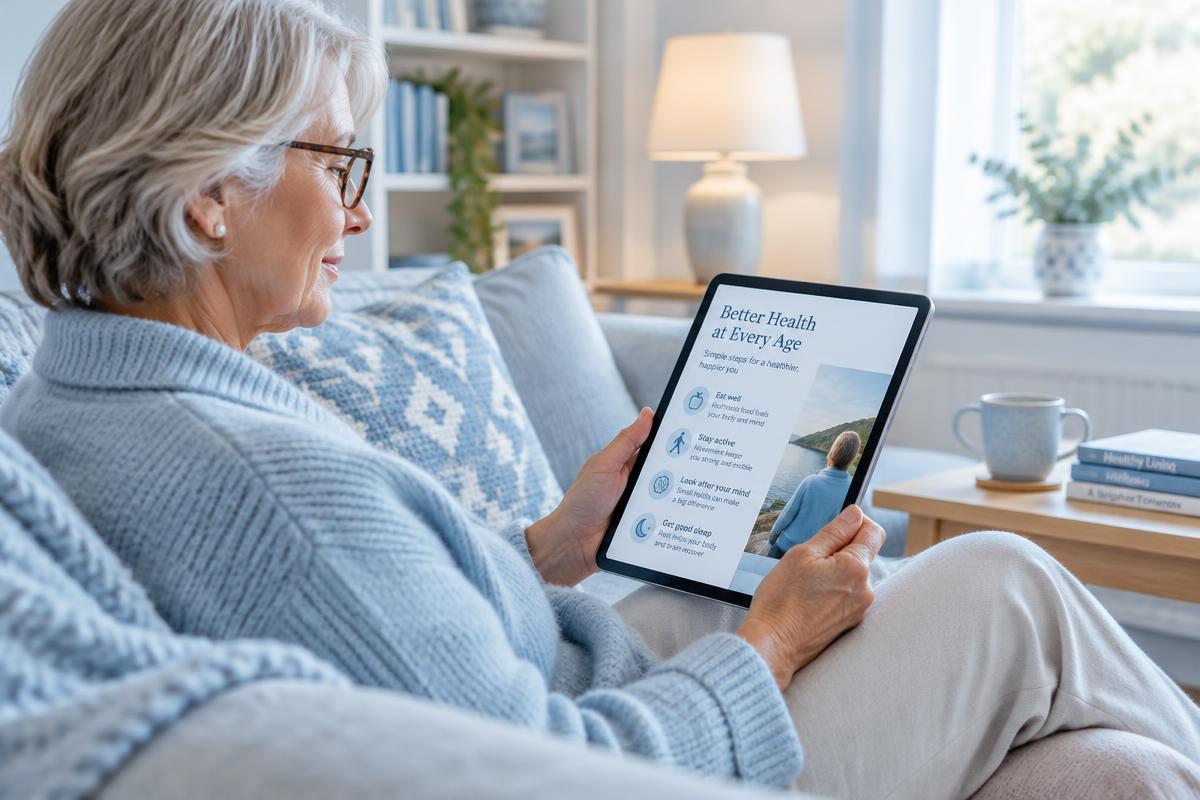 A woman reading health information on a tablet